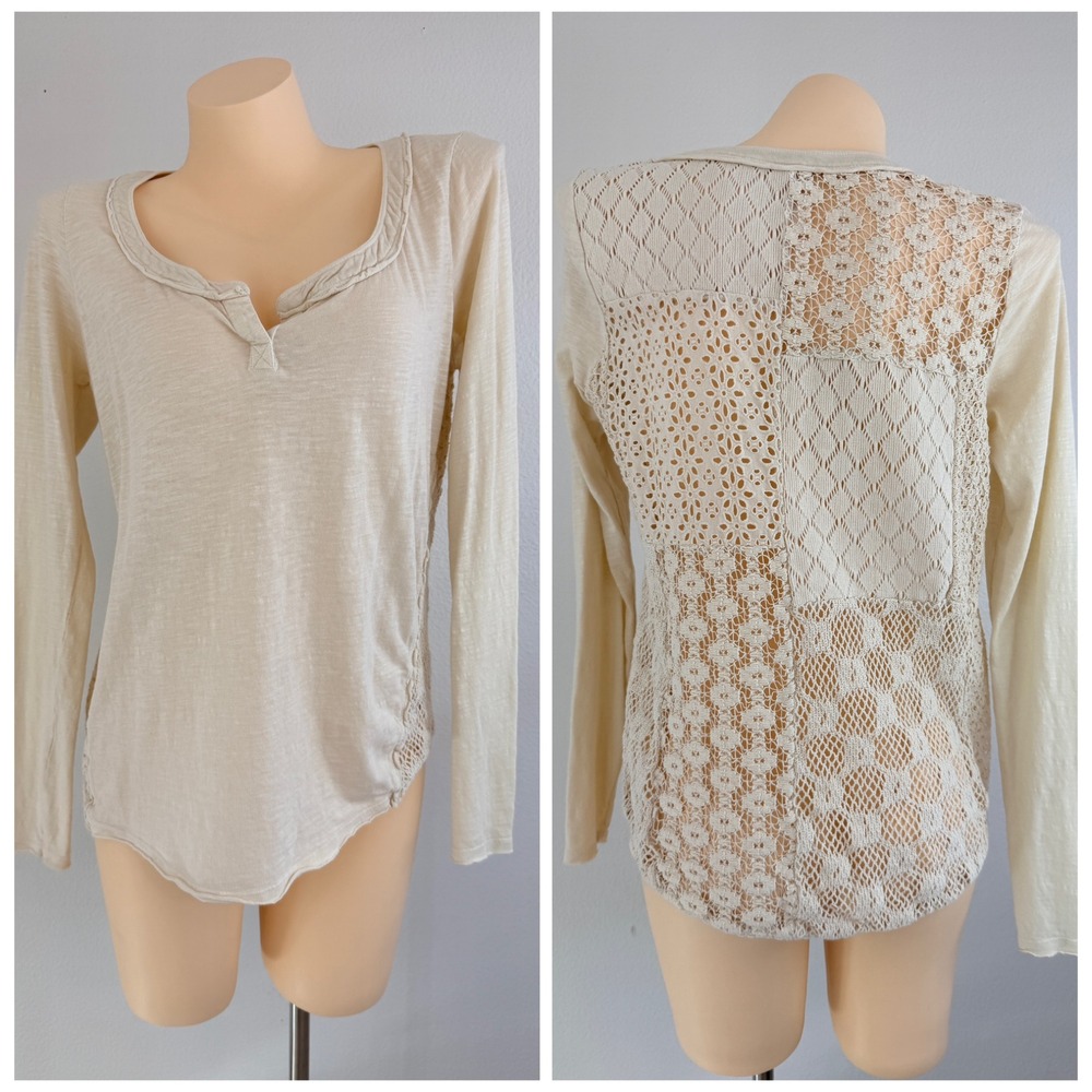 Boho Free People Cream Crochet Patchwork Back Slub Knit Henley Top Size M